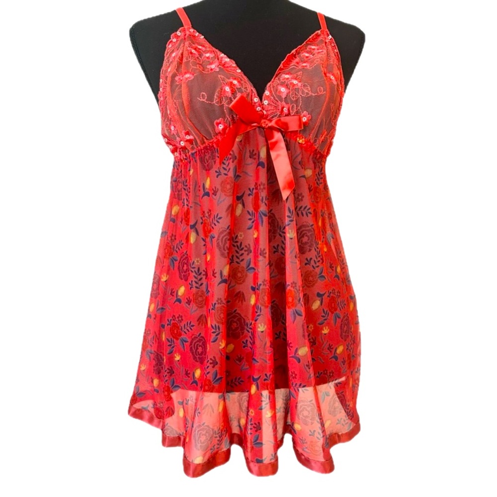 INTIMATE APPAREL ~ Elegant Sheer Red Floral Chemise w/Sequins and Matching Thong